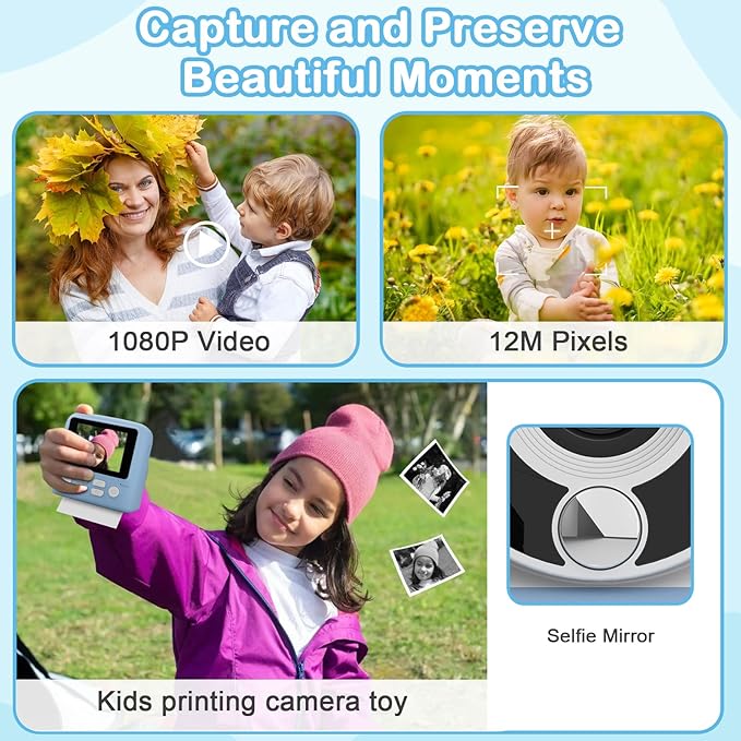 Instant Print Camera for Kids, Christmas Birthday Gifts for Age 3-12, 2.4 Inch Screen Children Selfie Digital Camera, Toddlers Portable Travel Toys for 3 4 5 6 7 8 9 10 Year Old Girls Boys (Blue)