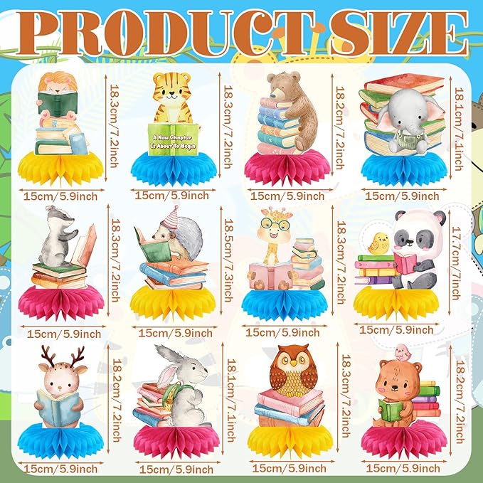 12 Pcs Book Party Decorations a Chapter Is About to Begin Honeycomb Centerpieces Book Animal Storybook Table Decoration Lions Tigers Bears Elephants Table Topper for Party Decor