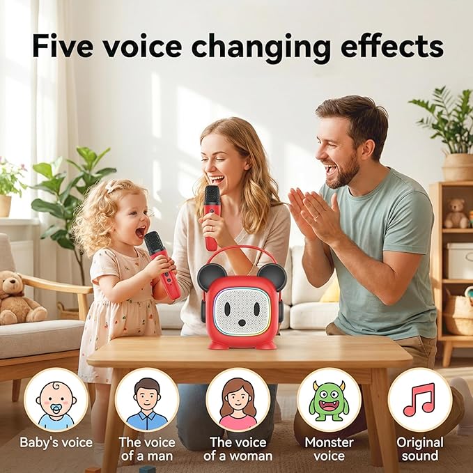 Kids Karaoke Machine with 2 Wireless Microphones - Portable Bluetooth Singing Speaker with AI Voice Changer, LED Lights, Built-in Mic & Carry Handle | Best Birthday Gifts for Girls Boys Ages 3-12