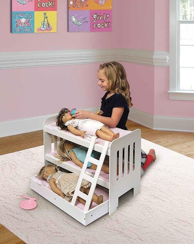 Badger Basket Doll Bunk Bed with Bedding, Ladder, and Free Personalized Kit - Fits Dolls Up to 22 Inches - Ideal for Girl Dolls and Baby Dolls for Pretend Play - White/Pink