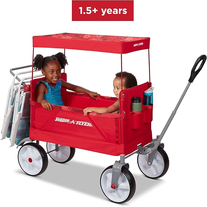 Radio Flyer Beach & Boardwalk 3-in-1 EZ Fold Wagon, for Kids 1.5+, UV Shade, One-Hand Flat Fold, Seats 2 or Converts to Bench, DuraClean Fabric, Beach Tires, 150 lb Capacity, Wagon for Kids & Cargo