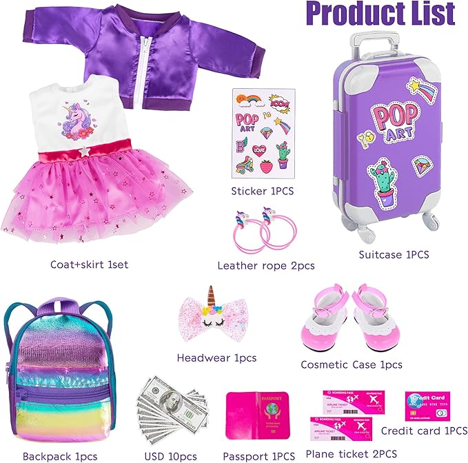 ebuddy 18 Inch Doll Clothes and Accessories School Supplies Playset and Makeup Accesscories Doll Travel Suitcase Set Including Coat,Dress,Suitcase,Hairpin,Hair Ring,Stickers,Makeup Set (No Doll)