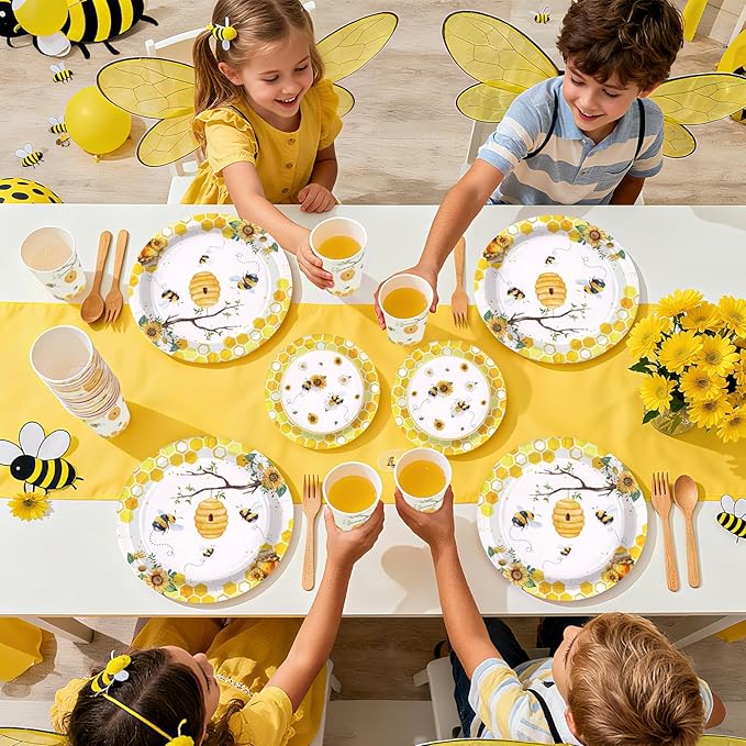 168Pcs Bee Birthday Party Decorations Bumble Bee Party Supplies Include Plates, Cups, Napkins, Forks,Honey Bees Tableware Sets for Girls Boys Baby Shower Gender Reveal Bees Day Decorations Serves 24 ﻿