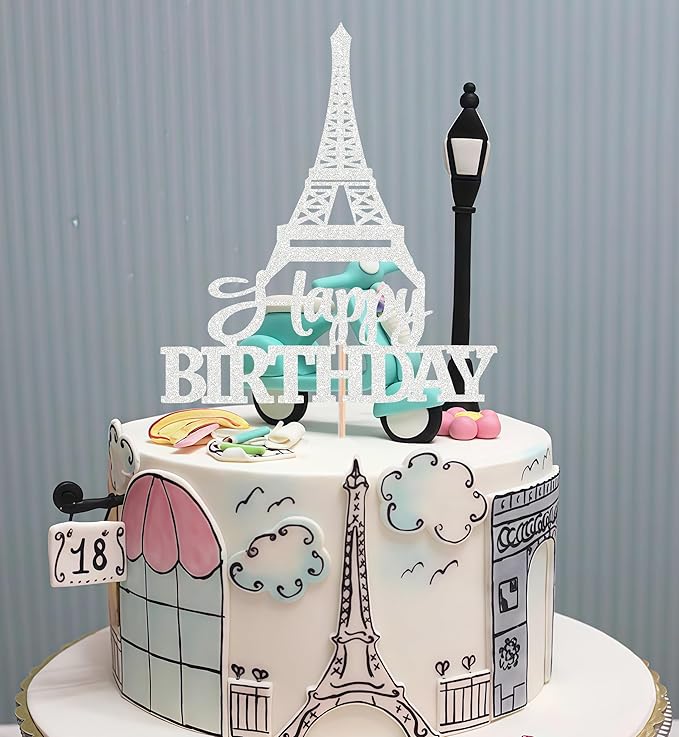 Eiffel Rower Birthday Cake Topper - Silver Glitter Eiffel Rower Theme Birthday Party Cake Decoration Supply - Boy or Girl Architecture Theme Party Cake Decor Photo Prop