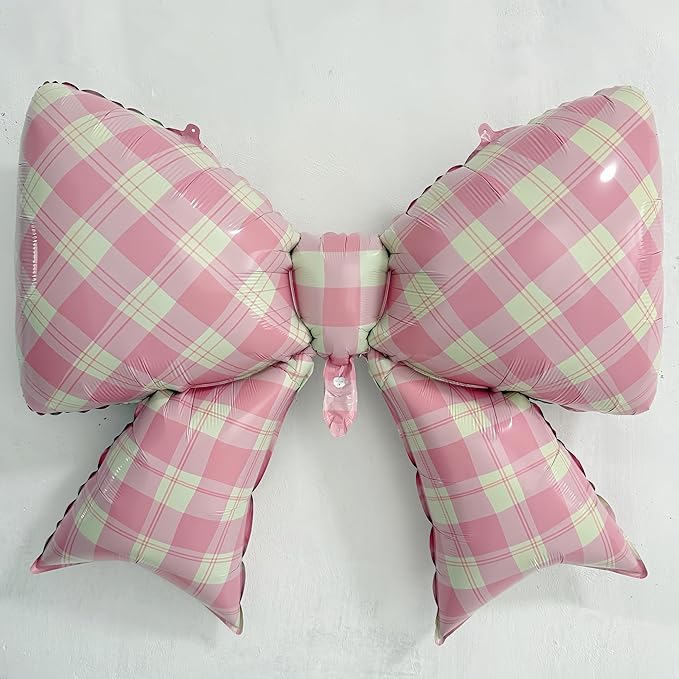 4Pcs Pink Plaid Bow Balloons 38"/Gingham Bowknot Foil Balloons for One Silly Goose Decor for Girl Baby Shower, Picnic, Girly Room & Sweet Party Decorations/coquette Party Supplies