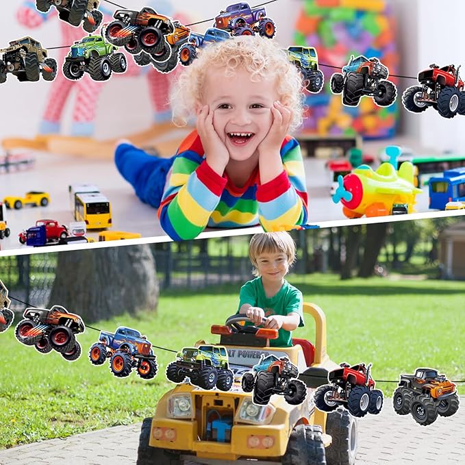 Monster Truck Happy Birthday Banner Truck Car Birthday Decorations Racing Theme Party Decorations Party Decoration Supplies Suitable for Boys Girls Baby Children Decoration