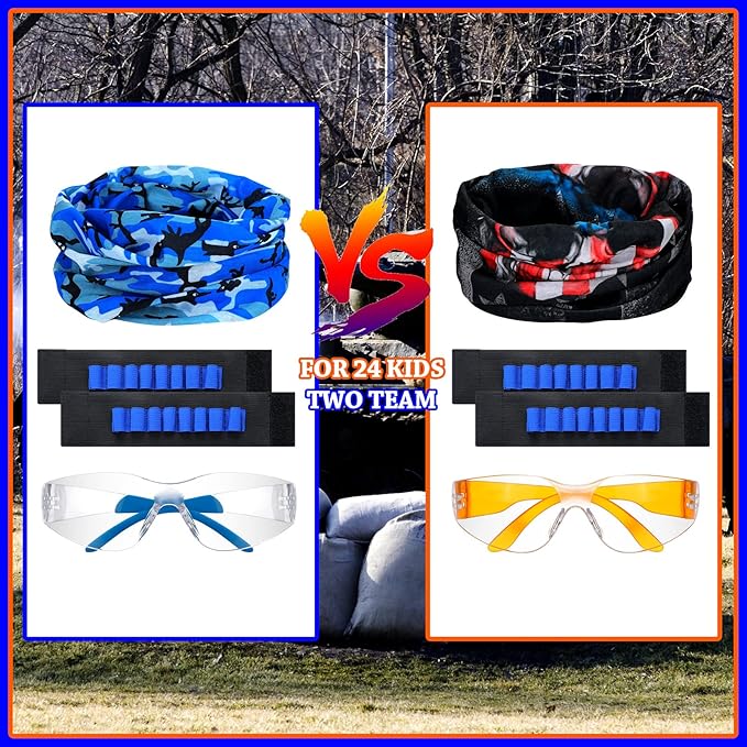 Sosation 24 Sets Nerf Party Supplies for Boys Girls 72 Pcs Gun Party Favors Two Team Nerf War Birthday Pack Safety Glasses Face Mask Wrist Belt Band Accessories Children Kids Toy Bulk(Blue and Orange)