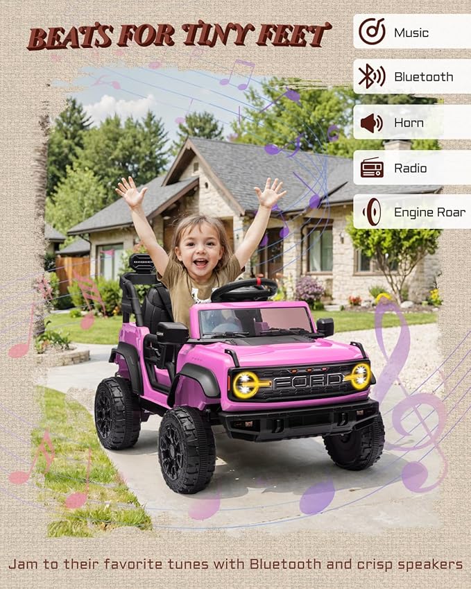 First Ride On 12V Electric Ride on Toys for Toddler, Ford Bronco Raptor Kids Ride on Car with Remote Control, 12 Volt Battery Powered Cars for Children with Smooth Start, Bluetooth (12V, Pink)