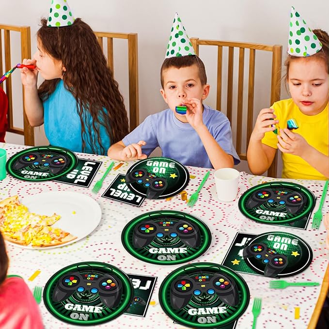 96 Pcs Video Game Plates and Napkins Party Supplies Gaming Party Tableware Set Green Gamer Party Decorations Favors for Kids Birthday Baby Shower Serves 24