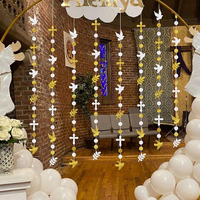 Frienda 8 Pcs Baptism Cross and Dove Garland Banner Christening God Bless Hanging Banners Decoration First Holy Communion Baby Shower Garlands Gold and White Christain Wedding Birthday Party Supplies