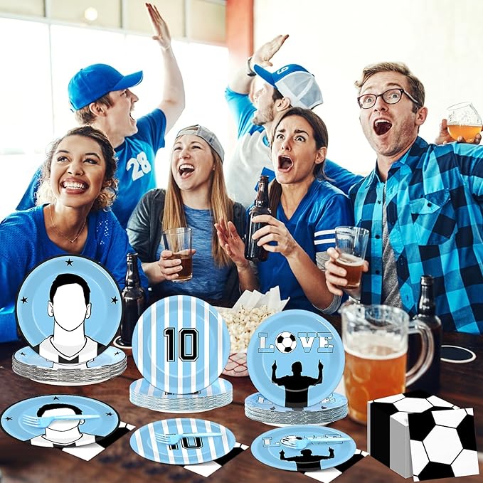 96Pcs Soccer Paper Plates and Napkins Soccer Star Disposable Tableware Set Blue and White Sports Ball Plates Set Sport Party Dinnerware Decorations for Birthday Baby Shower Party Decorations Supplies