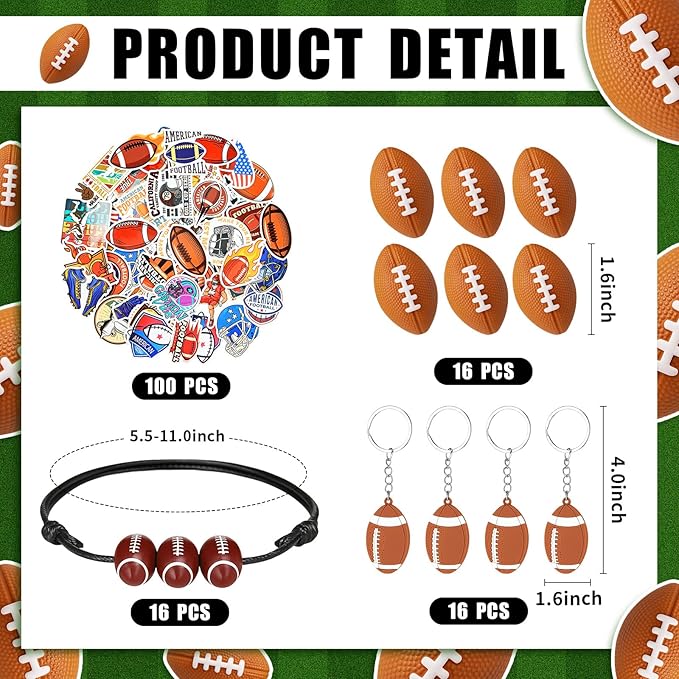 LemonRoad 164 Pcs Sports Party Favors Set 16 Plastic Cups 16 Charm Bracelets 16 Keychains 16 Mini Foam Stress Balls 100 Stickers for Sports Party Supplies (Football)