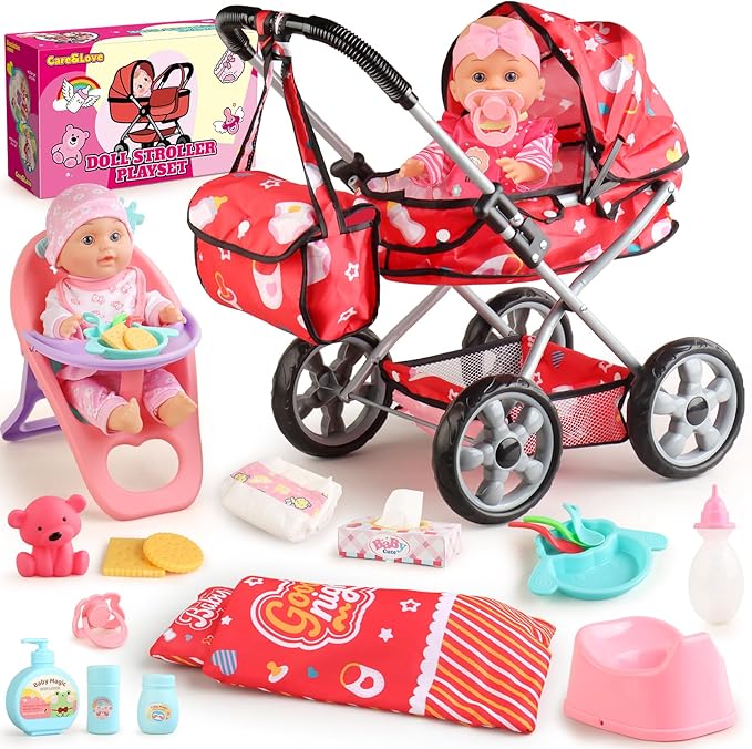 Baby Doll Stroller Set for Toddler Girls 3-5, A 12.5" Babydoll with Baby Doll Accessories, Pillow, Blanket & 2 Sets Clothes, Doll Playset Toy Stroller for Kids, Gift 3 4 5 Year Old Girl Toys