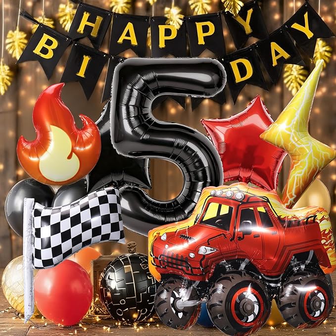 Truck Number 5 Balloons, Huge Truck Flags Lightning Flame Stars Aluminum Foil Balloons for 5th Birthday, Race Car Theme Party Decorations Supplies