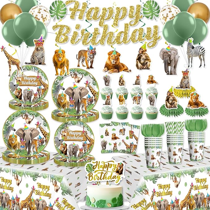 201pcs Safari Birthday Decorations Tableware Set, 25 Serves Safari Plates and Napkins for Party with 2pcs Tablecloth, Banner, Balloons for Jungle Birthday Party Decorations