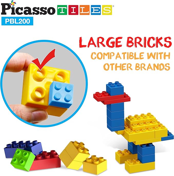 PicassoTiles 200 Piece Large Construction Brick Building Blocks STEM Bricks Toy Set Creative Learning Early Education Playset 5 Colors 4 Unique Shapes Mix & Match Toys for Kids Boys Girls Child Age 3+