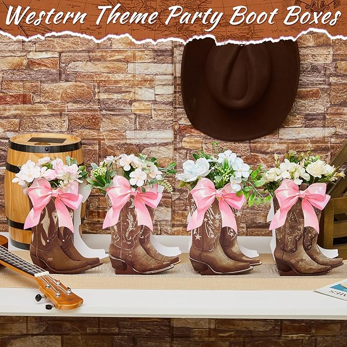 12 Set Brown Western Cowboy Bow Boots Flower Boxes Centerpiece Boot Shape Gift Boxes Western Party Decoration Vase Centerpiece for Table Boots for Rodeo Birthday Baby Shower Wedding Supplies