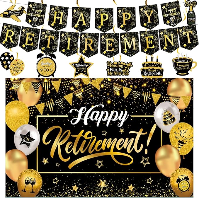 Happy Retirement Party Decorations for Men Women, Black and Gold Happy Retirement Banner, 71x43 Inch Retired Backdrop, 8pcs Hanging Swirls, Farewell Party Supplies