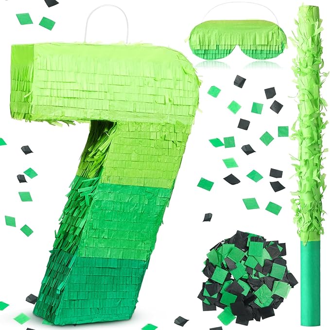 Number Piñata Decorations 16 Inch Gradient Green Piñata with Blindfold Stick and Confetti for Birthday Baby Shower Safari Jungle Themed Party Supplies Centerpiece(Number 7)