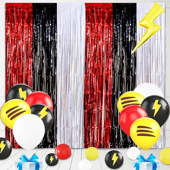 23Pcs Cartoon Ball Birthday Decorations, Red Black White 3.3x8.2ft Tinsel Foil Fringe Curtains Banners and Cute Balloons for Anime Pika Theme Birthday Party Decorations Boys and Girls Party Supplies