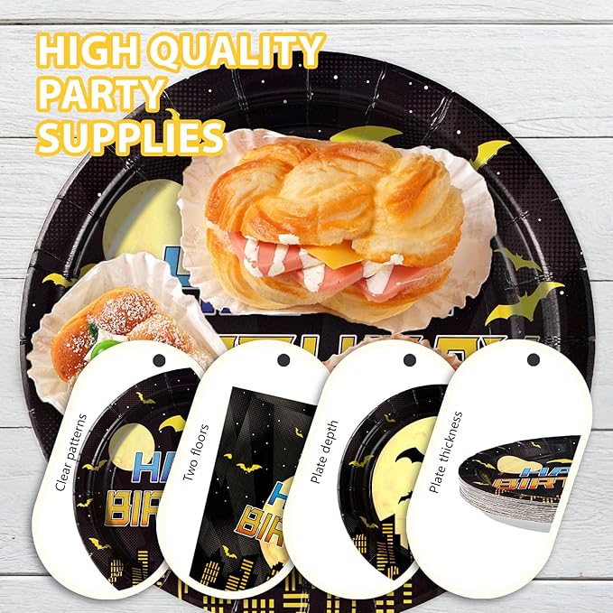 96Pcs Bat Theme Birthday Party Decorations Yellow Black Bat Birthday Dessert Plates and Napkins Set Cartoon Hero Decoration for Boys Baby Shower Super Theme Hero Bats Holiday Party Supplies Serves 24