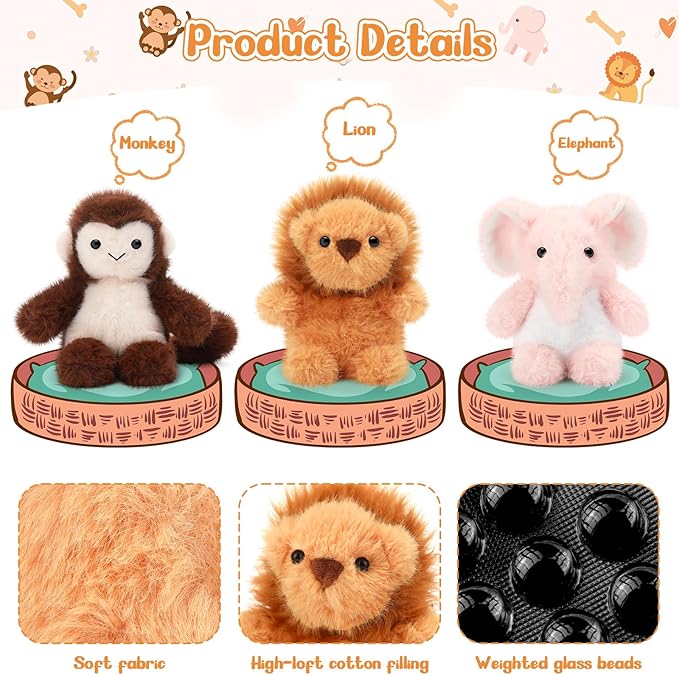 Gejoy 3 Pcs 6 Inch Forest Stuffed Animal, Soft and Fluffy Forest Series Plush Monkey Elephant Lion Stuffed Animals for Animal Kids Birthday Gift Easter Party Themed Decoration