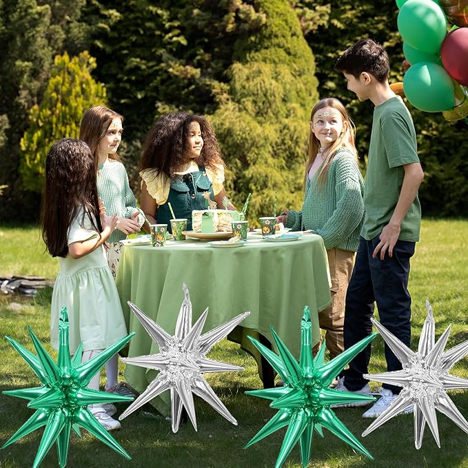 6 Pcs Silver Star Foil Balloons One-Piece 14-Pointed Star Balloon 4D Starburst Cone Mylar Balloon 22inch Christmas Birthday Wedding Wedding Anniversary Party Supplies (Silver + Green)