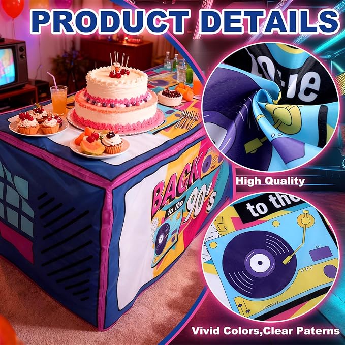 Oudain 6 ft 90s Theme Tablecloth 72 x 30'' Nostalgia Style Rectangle TV Table Cover Washable Fabric Polyester for Retro Back to The 90s Party Decorations Throwback Party Decorations