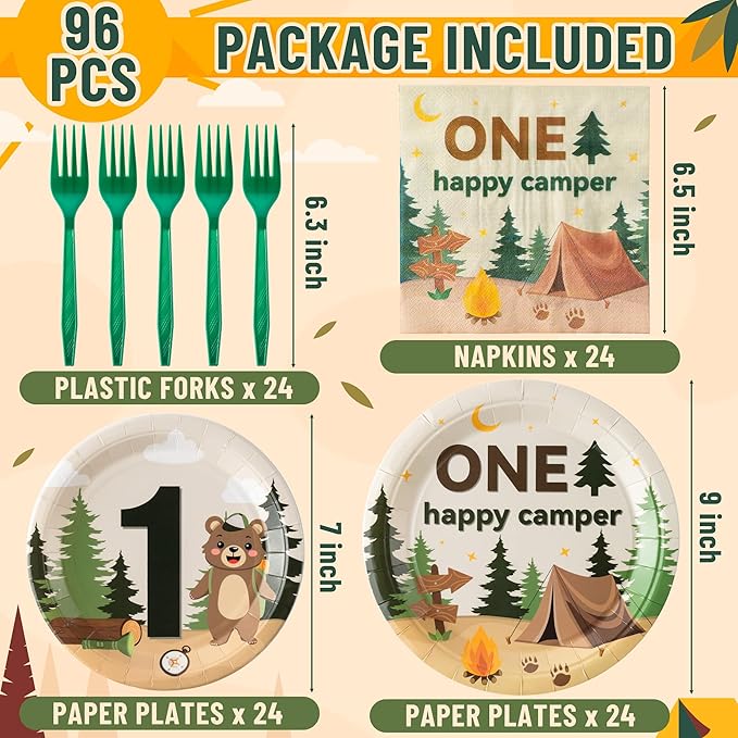 Camping Tableware Party Supplies - 96Pcs One Happy Camper Tableware Decorations Camping Adventure Themed Disposable Paper Plates Napkins Forks for Kids Boy 1st Birthday Baby Shower Serve 24