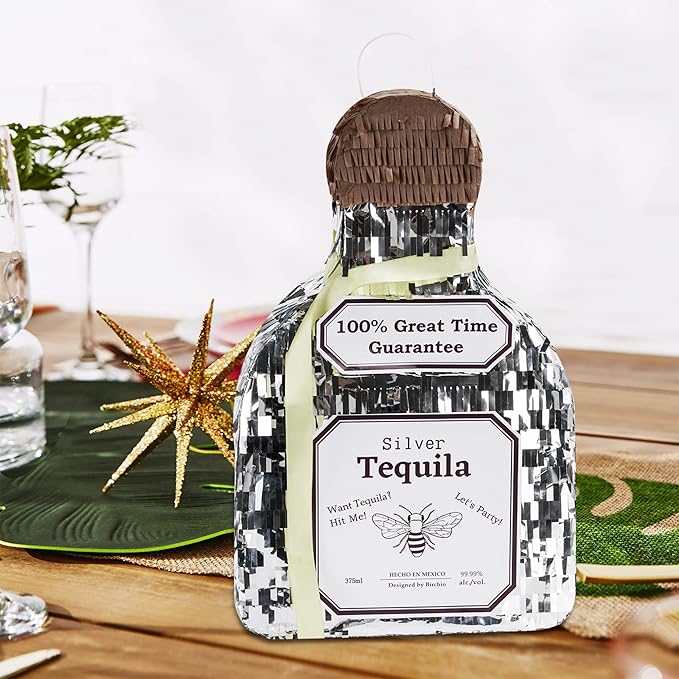 Tequila Bottle Pinata, Silver, Perfect for Birthday Parties, 10.5 x 10.5 x 4 Inches, 5 Pound Capacity, Adult-Party Pinata