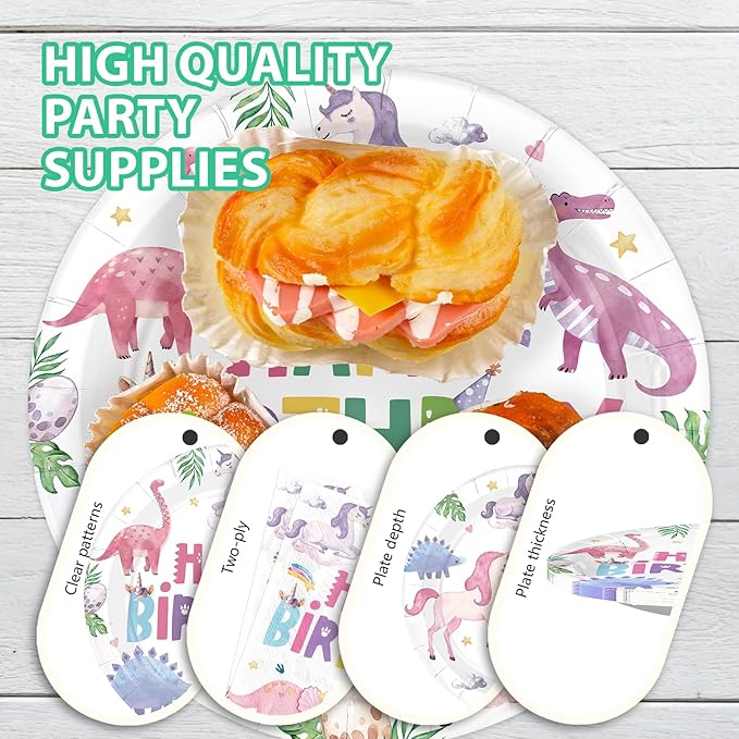 96Pcs Dinosaur Unicorn Birthday Party Decorations Dinosaur Unicorn Birthday Plates and Napkins Set Rainbow Dino Decoration for Girls Princess Magical Pastel Pink Rainbow Bday Party Supplies Serves 24