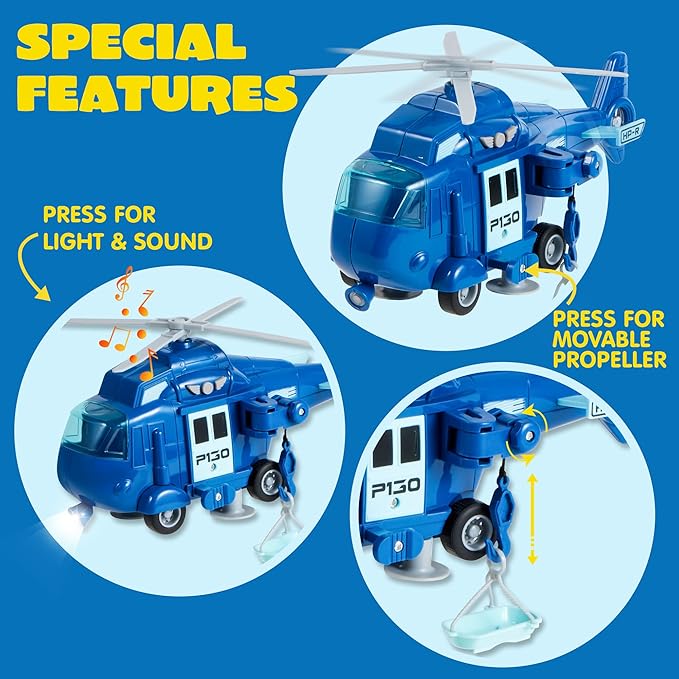 JOYIN 4 Packs Emergency Vehicle Toy Playsets, Friction Powered Vehicles with Light and Sound, Including Fire Truck, Ambulance, Play Police Car and Helicopter, Toddler Kids Boys Gifts