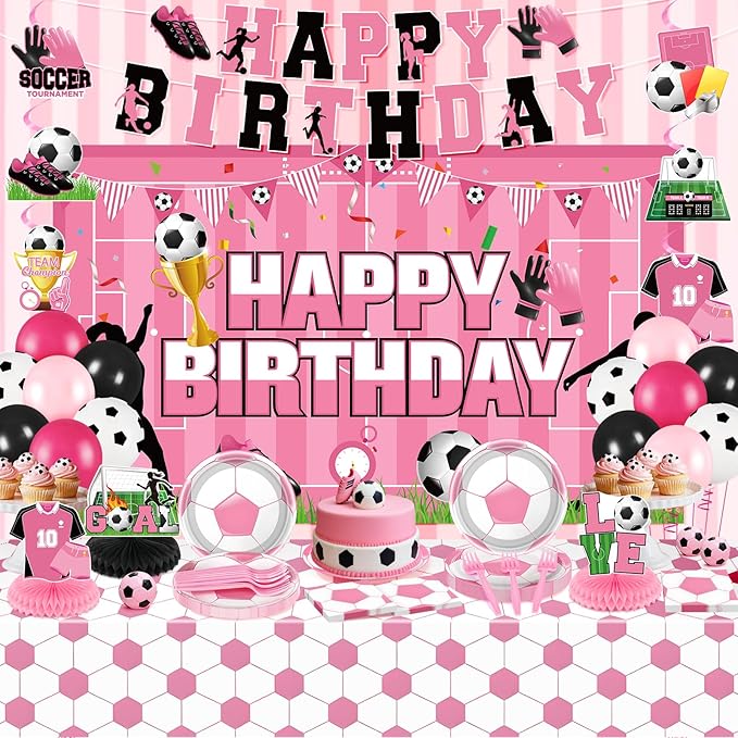 Pink Soccer Decorations for Girls Soccer Happy Birthday Banner Backdrop Balloons Football Plates Napkins Tablecloth Honeycomb Centerpieces Hanging Swirls Decor for Women Sports Party Supplies Serves10