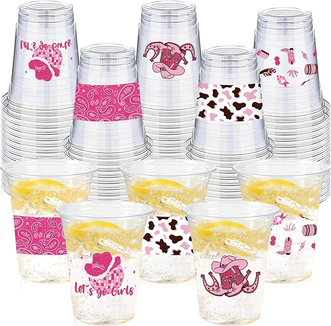 50 Pcs Western Cowgirl Plastic Cups, 12 Oz Pink Disco Cowgirl Plastic Clear Disposable Drinking Cups for Western Party Decoration Cowgirl Birthday Wedding Party Supplies