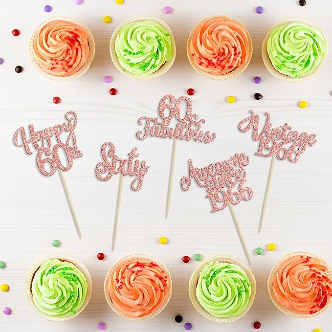 30Pcs Vintage 1966 Cupcake Toppers Glitter Sixty 60 Fabulous Happy 60th Birthday Cupcake Picks Cheers to 60 Years for 60th Birthday Anniversary Party Cake Decorations Supplies Rose Gold