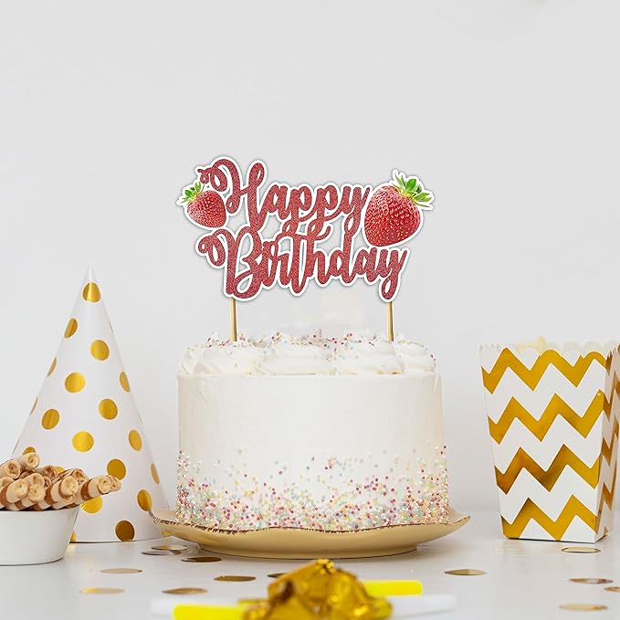 Real Strawberry Happy Birthday Cake Topper – Fresh Fruit Theme Cake Decoration for Birthday Celebration, Strawberry Inspired Dessert Topper for Party Cakes, Table Display Styling, Photo Setup.