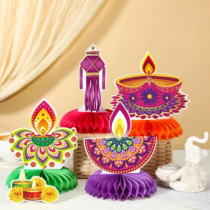 12 Pcs Diwali Party Decorations Honeycomb Centerpieces Happy Diwali Table Decoration Elephants Marigold Candlestick Indian Hindu Lights Table Topper for Indian Party Favors Supplies