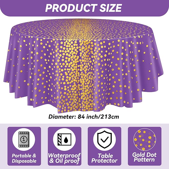 VitalCozy Round Dot Tablecloth 84 Inch Plastic Table Cover Polka Dot Confetti Tablecloths for Easter 2026 Graduation Prom Wedding Birthday Spring Party Supplies(Purple and Gold,3 Pcs)