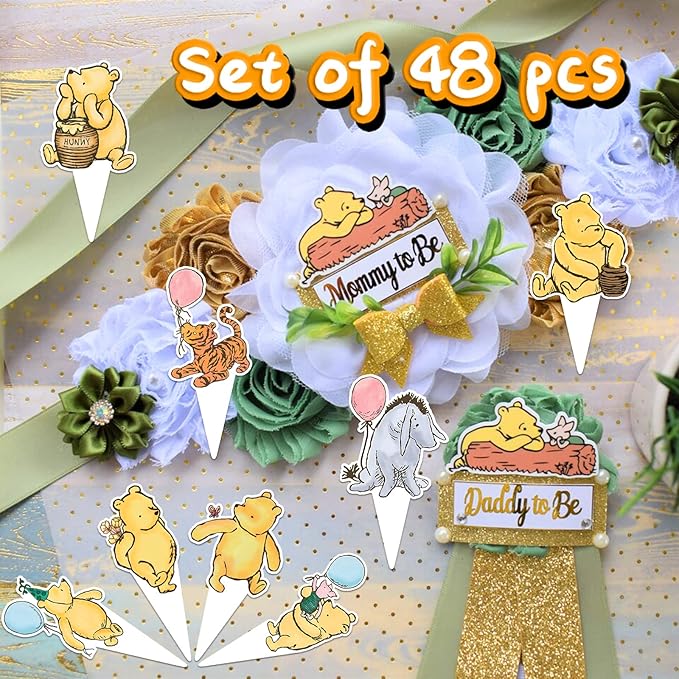 48 Pcs Winnie Baby Shower Cupcake Toppers for Classic Birthday Party Supplies Cute Winnie Cake Topper for Baby Shower Decorations