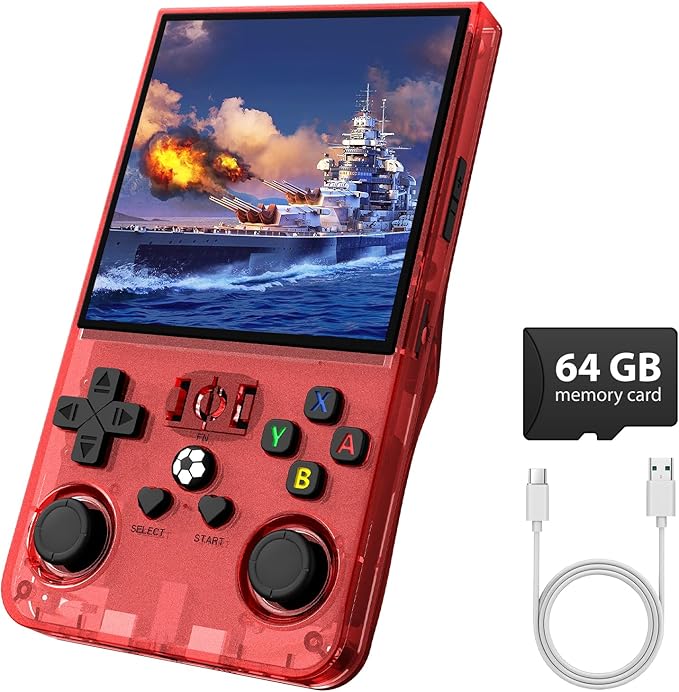 R36MAX Retro Gaming Console, Retro Handheld Games Console with 64GB TF Card, Portable Hand Held Open Source Linux System, 4.0 inch IPS HD Screen Video Game Consoles, 4000mAh Battery,Transparent Red