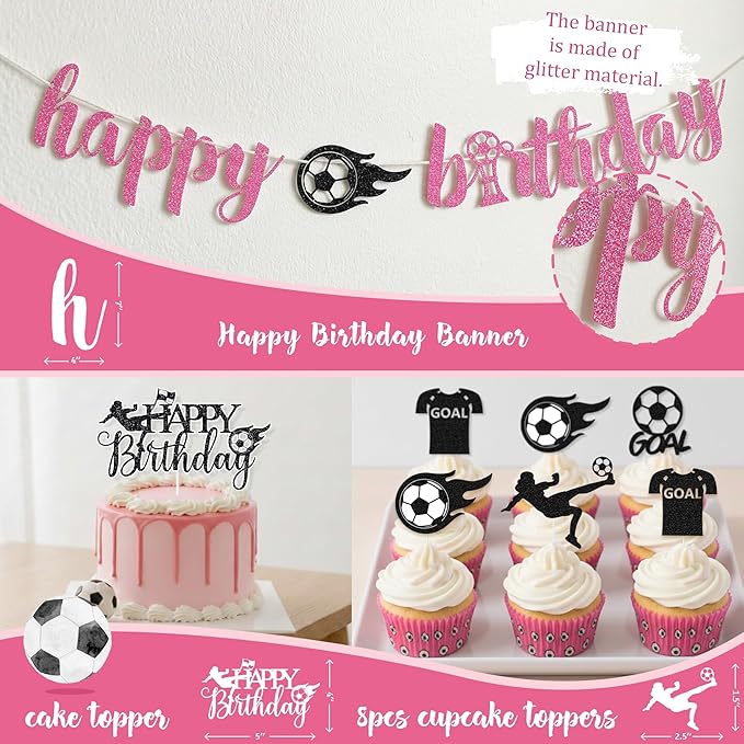 Pink Soccer Birthday Party Decorations Kit for Girls – Soccer-Themed Party Supplies with Backdrop Tablecloth Cake & Cupcake Toppers Soccer Party Decor for Soccer Fans Girls Women Birthday Decorations