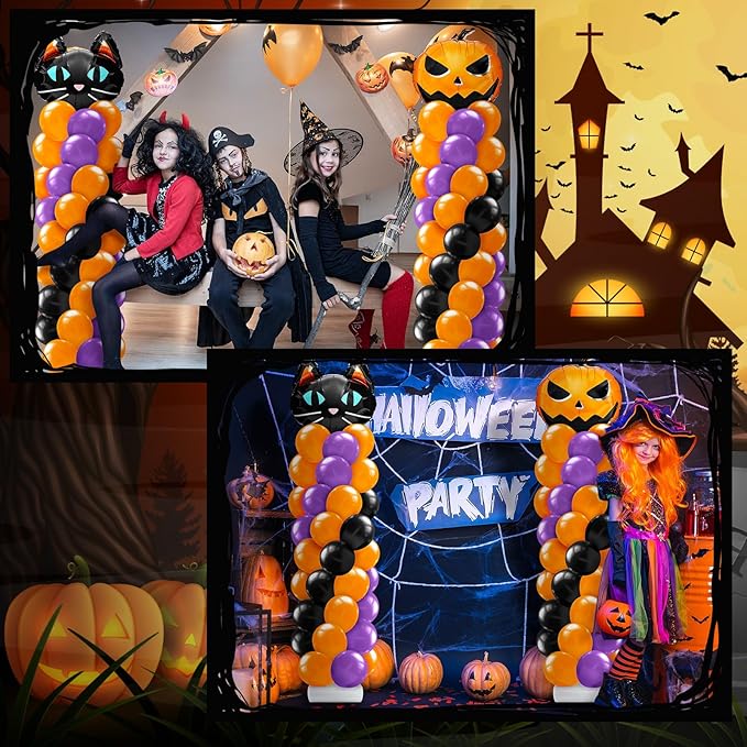 Kasyat 2 Set Halloween Balloon Column Stand Kit with Cat Head Scary Pumpkin Foil Balloon Orange Black Purple Arch Garland Kit for Spooky Birthday Party Halloween Theme Decoration