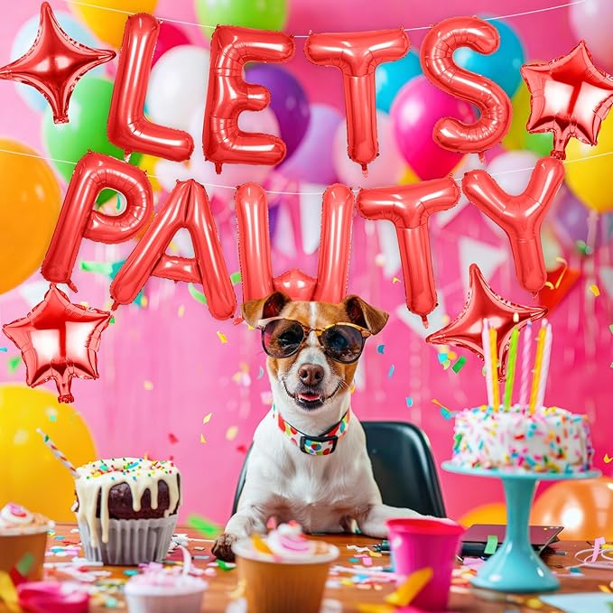 Lets Pawty Balloons Banner 16 Inch,Red Dog Birthday Decorations with 4pcs 10 Inch Star Balloons,Paw Foil Letter Balloon for Dogs Paw Pet Puppy Theme Party Supplies