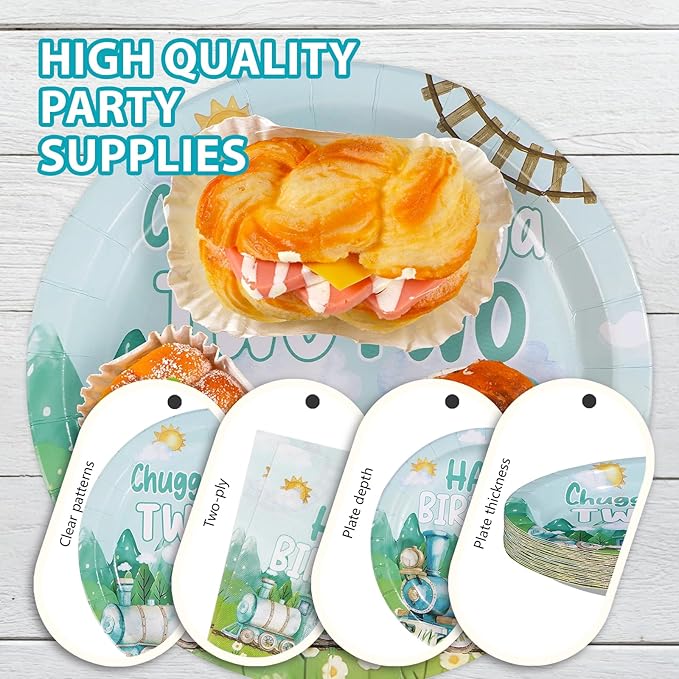 96 Pcs Chugga Chugga Two Two Birthday Decorations Disposable Blue Train 2nd Paper Plates and Napkins Transportation Choo Choo I'm 2 Tableware Set for Boy 2 Year Old Birthday Party Supplies Serves 24