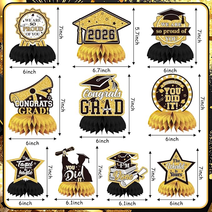 10 PCS Graduation Party Decorations Class of 2026,Gold and Black Congrats Grad Honeycomb Centerpiece for Table Congratulate Graduation Table Toppers for Graduation Party Favor Supplies