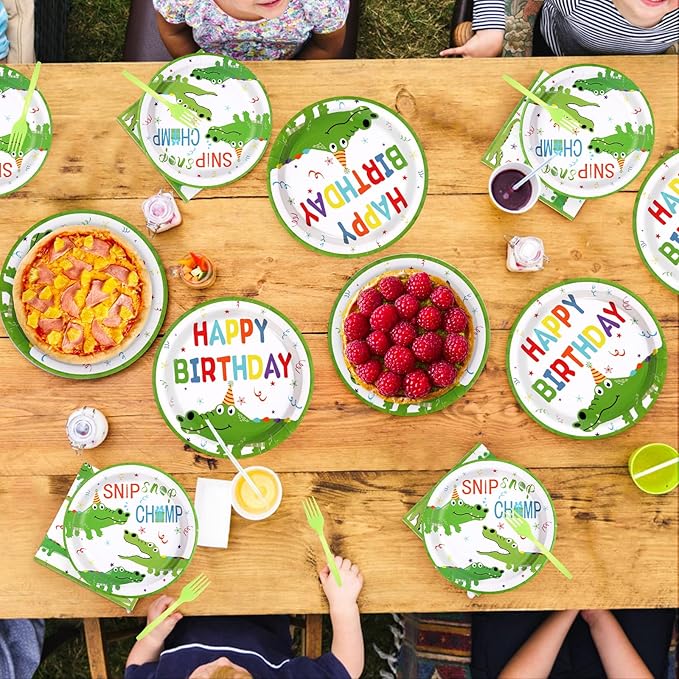 96Pcs Crocodile Birthday Party Supplies Reptile Crocodile Plates and Napkins Green Alligator Animal Theme Tableware Set for Kids Boys Jungle Safari Swamp Birthday Party Supplies，Serves 24