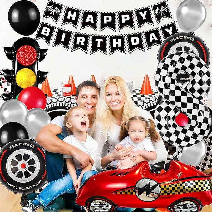 Race Car Birthday Party Decorations, with 40 Inch Number 8 Balloon, Happy Birthday Banner, Traffic Light and Foil Tire Balloon for 8th Car Themed Birthday Party Supplies