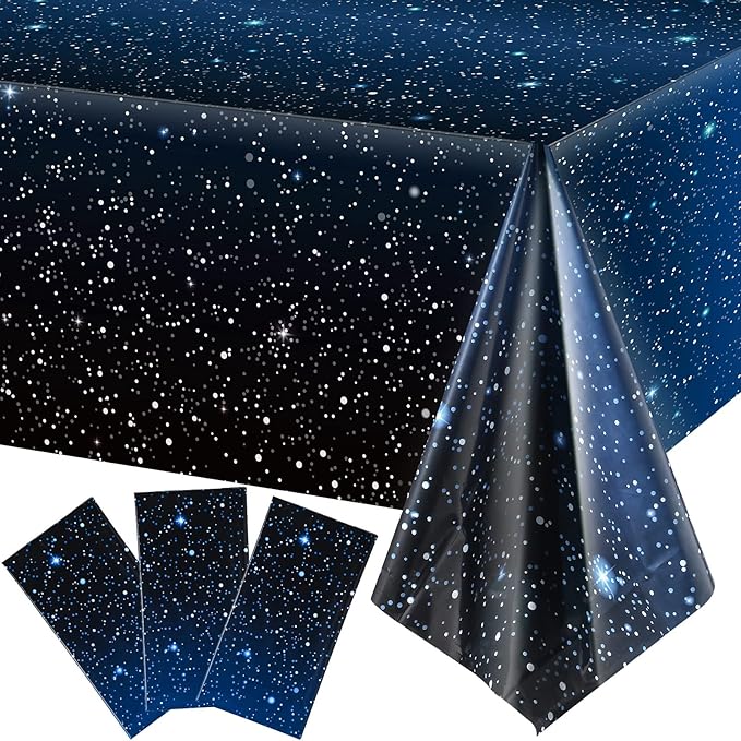 3 Pieces Space Tablecloth Starry Night Tablecloth Decorations Plastic Galaxy Table Cover Space Stars Theme Party Supplies for Birthday Home Decorations, 54 x 108 Inch
