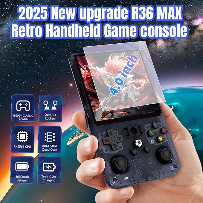 2025 New Upgrade R36MAX Retro Handheld Game Console , 4.0 Inch IPS Video Gaming Console with 64GB TF Card Over 20000+ Pre-Installed Retro Games, 4000mAh Battery (Black)