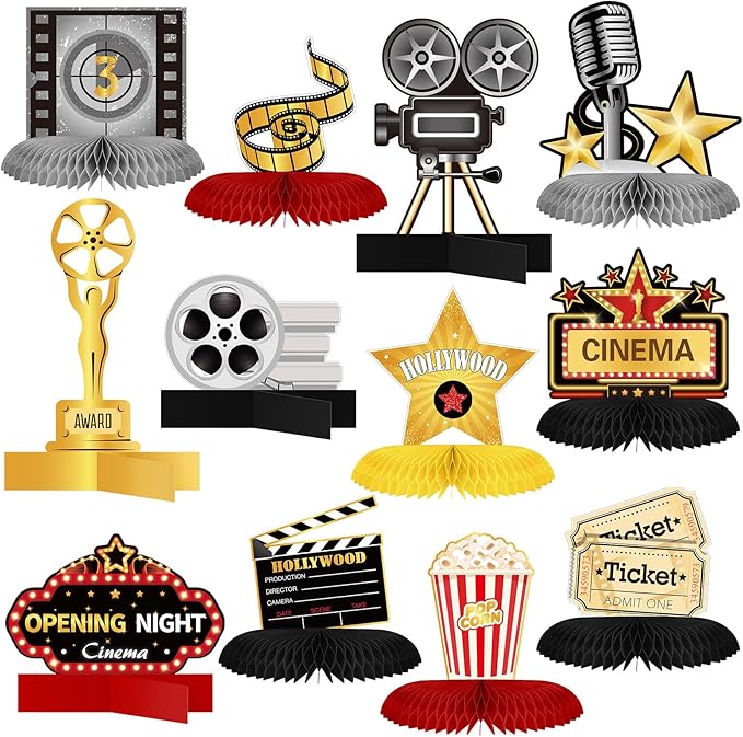 Chinco 12 Pieces Movie Night Party Decorations Supplies Movie Theater Honeycomb Centerpiece 3D Microphone Ticket Star Video Paper Centerpiece Sign Table Decoration for Theater Birthday Party Favors